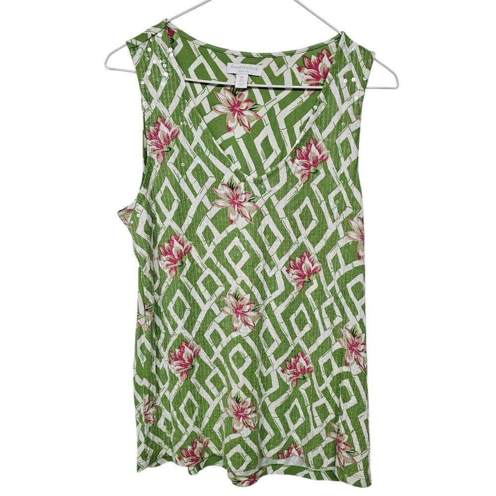 Charter Club Womens Floral Sequined Top Size PM Tropical Cottage Vacation Beach
